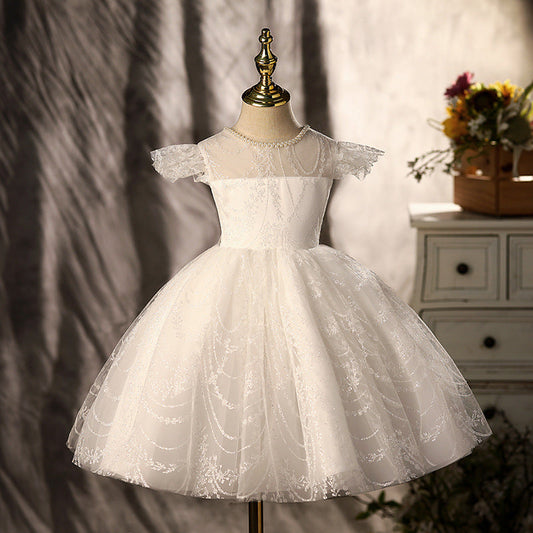 White Lace Princess Flower Girl Dress with Cap Sleeves