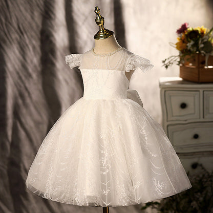 White Lace Princess Flower Girl Dress with Cap Sleeves