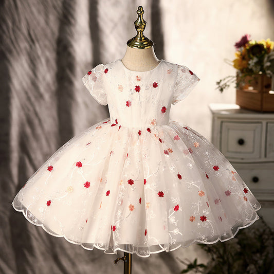 White Lace Princess Flower Girl Dress with Puff Sleeves and Flowers