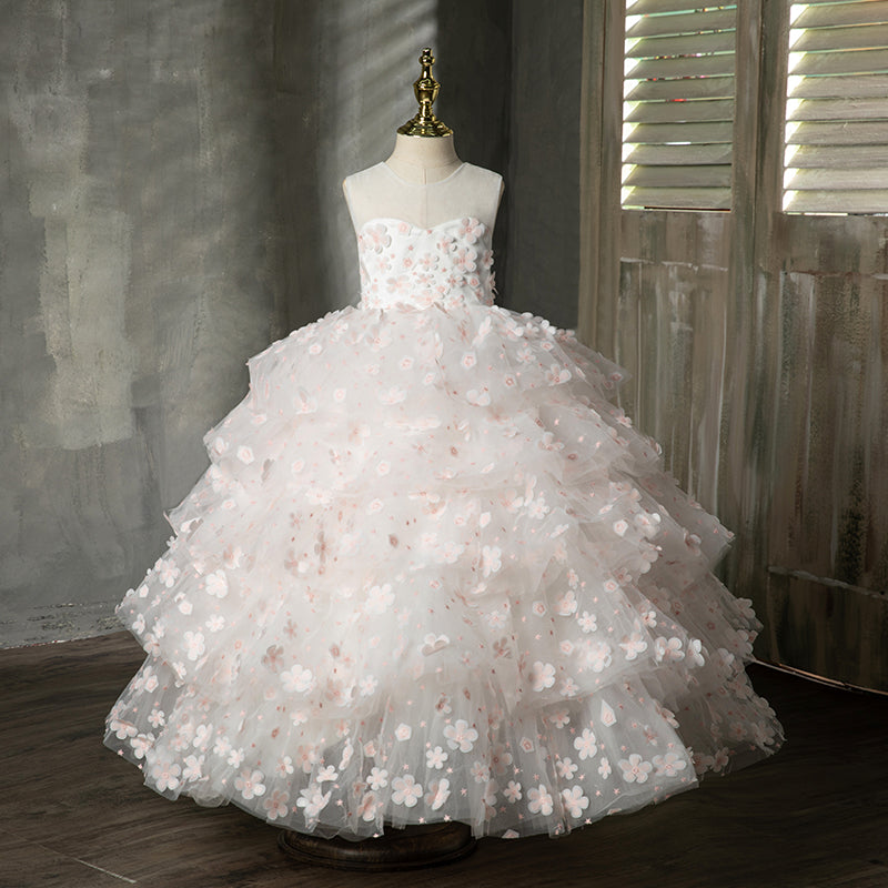 White Lace Princess Flower Girl Dress: Sleeveless Bow Back