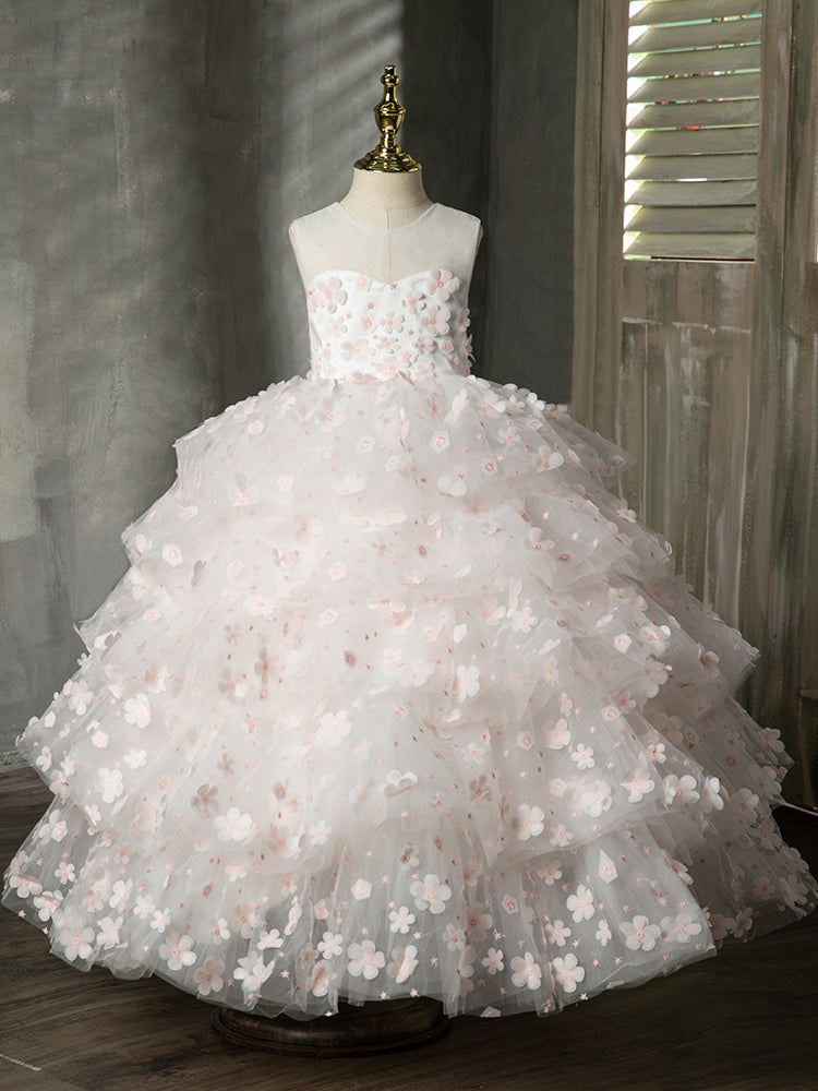 White Lace Princess Flower Girl Dress: Sleeveless Bow Back
