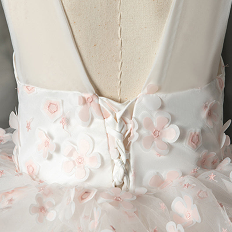 White Lace Princess Flower Girl Dress: Sleeveless Bow Back