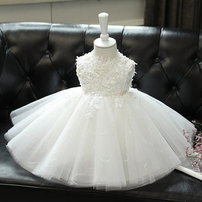 White Lace Princess Tea-Length Flower Girl Dress with Ruffles