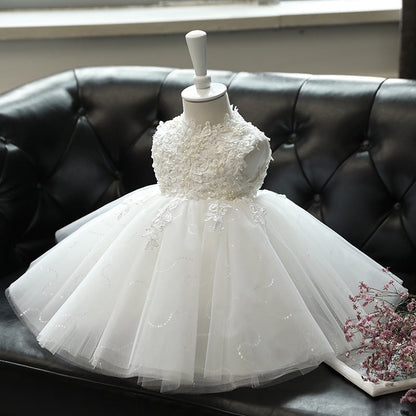 White Lace Princess Tea-Length Flower Girl Dress with Ruffles