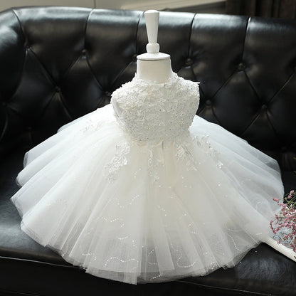 White Lace Princess Tea-Length Flower Girl Dress with Ruffles