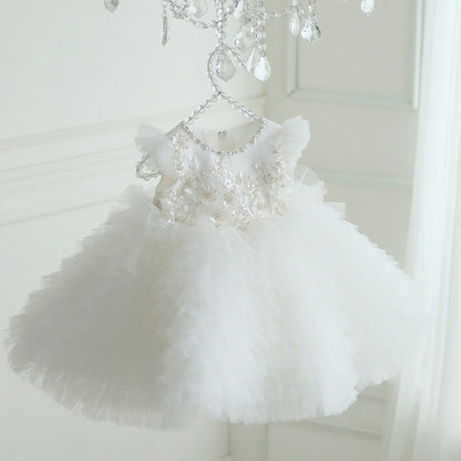White Lace Tulle A-Line Flower Girl Dress Cap Sleeve Tea