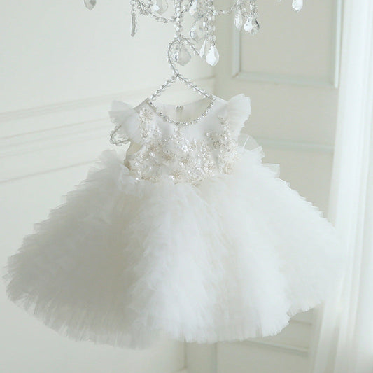 White Lace Tulle A-Line Flower Girl Dress Cap Sleeve Tea