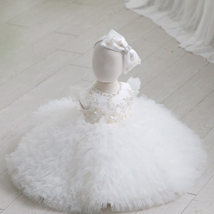 White Lace Tulle A-Line Flower Girl Dress Cap Sleeve Tea