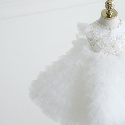 White Lace Tulle A-Line Flower Girl Dress Cap Sleeve Tea