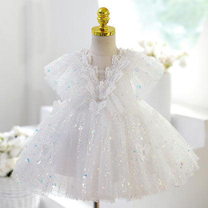 White Lace Tulle A-Line Flower Girl Dress V-Neck Puff Sleeve