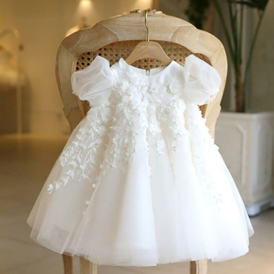 White Lace Tulle A-Line Flower Girl Dress with Puff Sleeves