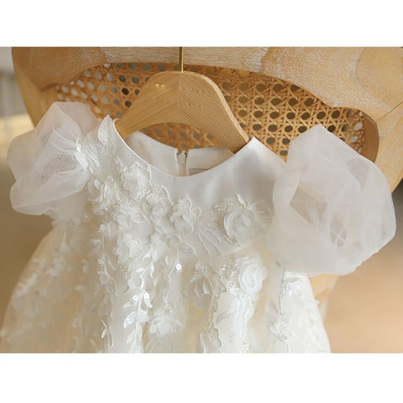 White Lace Tulle A-Line Flower Girl Dress with Puff Sleeves