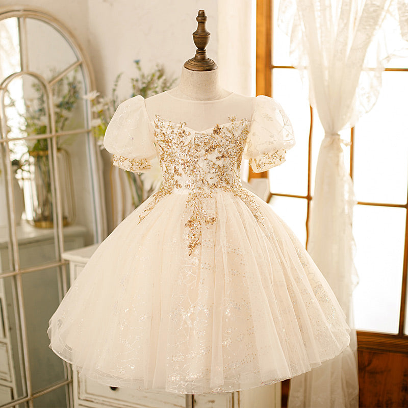 White Lace Tulle Flower Girl Dress: Boat Neck Lantern Sleeves