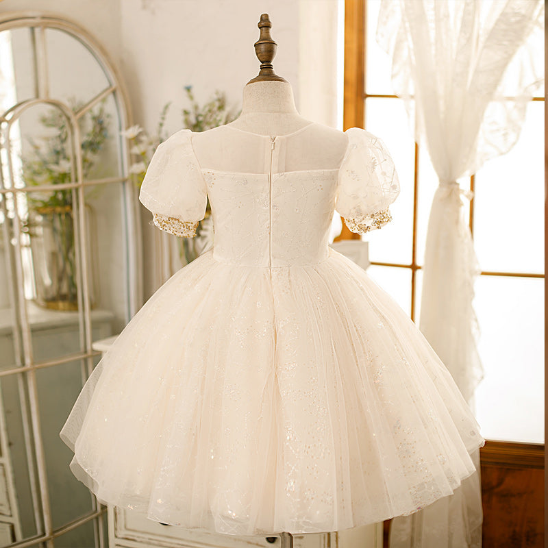 White Lace Tulle Flower Girl Dress: Boat Neck Lantern Sleeves