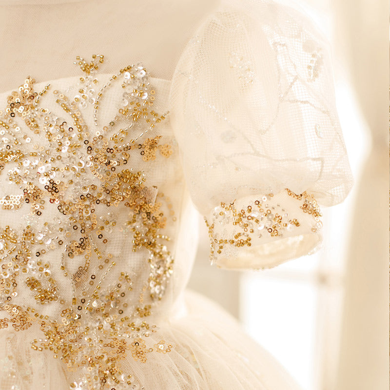 White Lace Tulle Flower Girl Dress: Boat Neck Lantern Sleeves