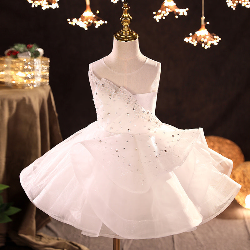 White Organza A-Line Flower Girl Dress Sequins Ruffles