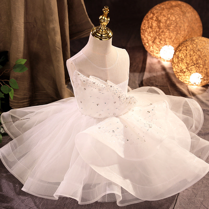 White Organza A-Line Flower Girl Dress Sequins Ruffles
