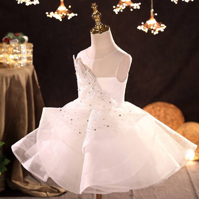 White Organza A-Line Flower Girl Dress Sequins Ruffles