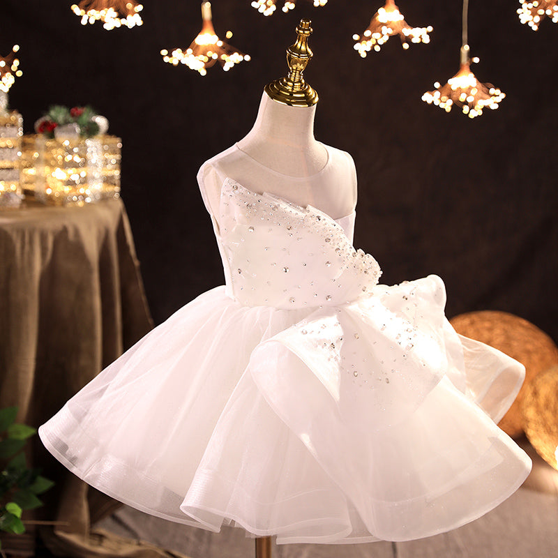 White Organza A-Line Flower Girl Dress Sequins Ruffles