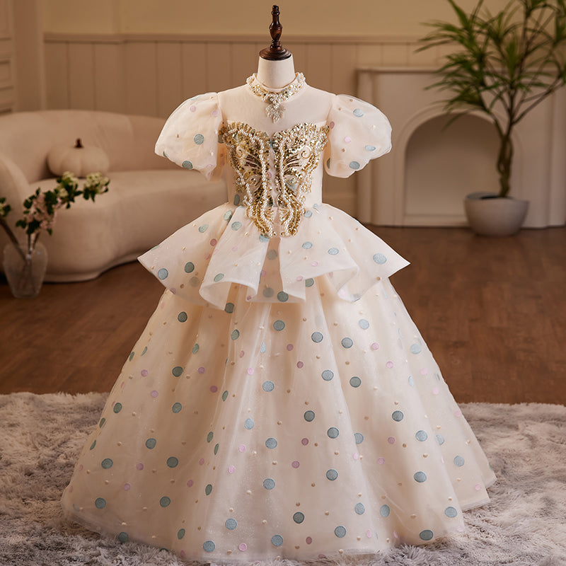 White Organza A-Line Flower Girl Dress with Puff Sleeves