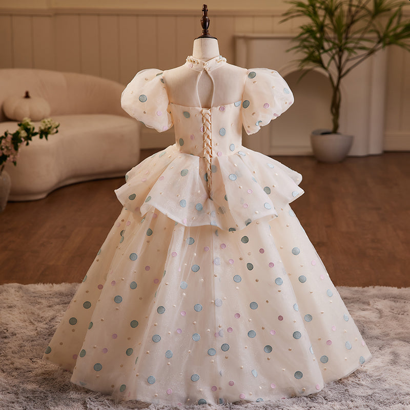 White Organza A-Line Flower Girl Dress with Puff Sleeves