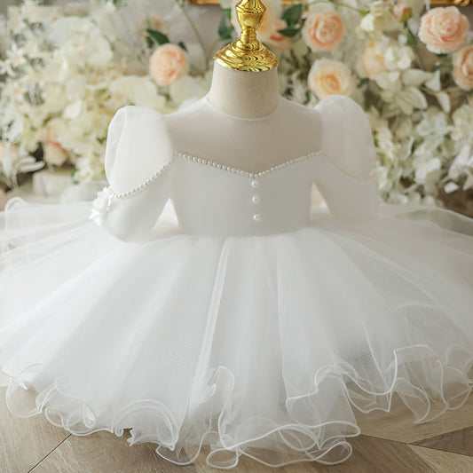 White Organza Flower Girl Dress | Beaded Cascading Ruffles
