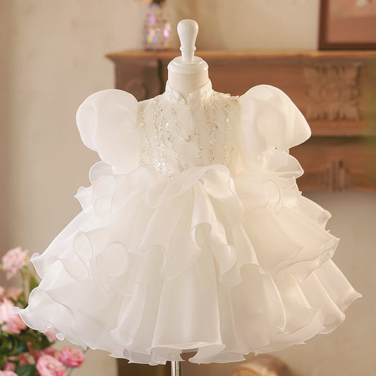 White Organza Princess Dress - Ruffles, Sequins & Puff Sleeves