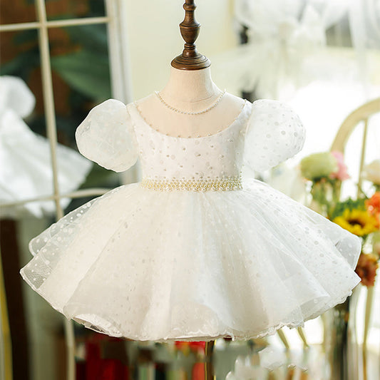 White Organza Princess Flower Girl Dress Bow Puff Sleeve