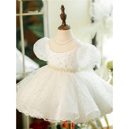 White Organza Princess Flower Girl Dress Bow Puff Sleeve