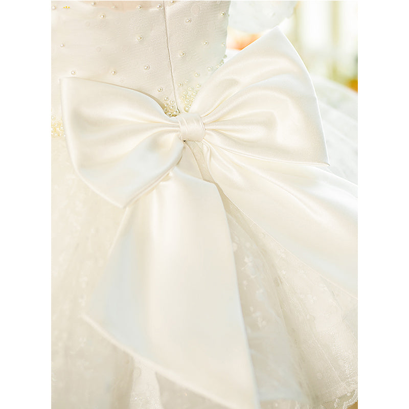 White Organza Princess Flower Girl Dress Bow Puff Sleeve