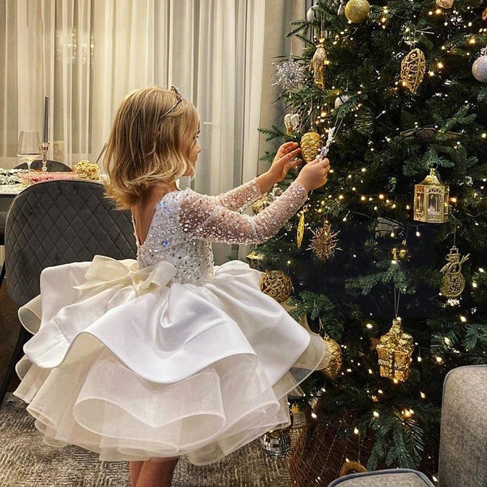 White Organza Princess Flower Girl Dress Cascading Ruffles