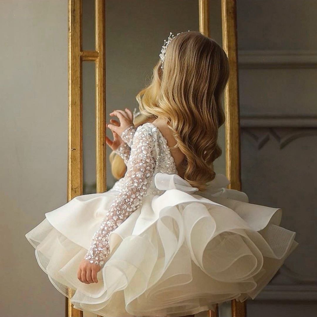White Organza Princess Flower Girl Dress Cascading Ruffles