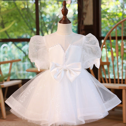 White Organza Princess Flower Girl Dress - Puff Sleeves