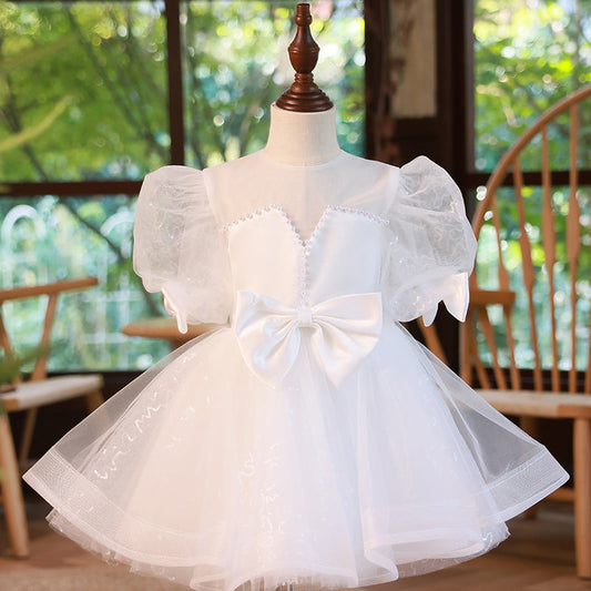 White Organza Princess Flower Girl Dress - Puff Sleeves
