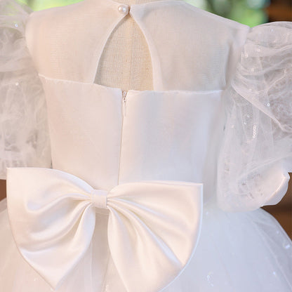 White Organza Princess Flower Girl Dress - Puff Sleeves