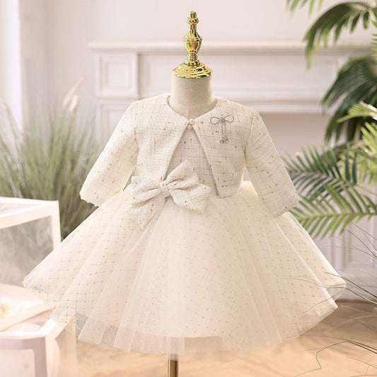 White Polyester A-Line Flower Girl Dress Bow Long Sleeve Knee