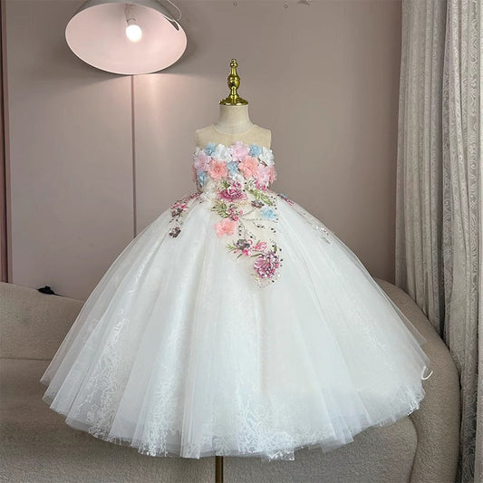 White Princess Flower Girl Dress - Lace & Tulle Sleeveless Gown