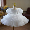 White Princess Flower Girl Dress - Sequin Tulle, Puff Sleeves