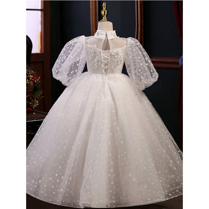 White Princess Flower Girl Dress - Tulle, Sequin & Puff Sleeves