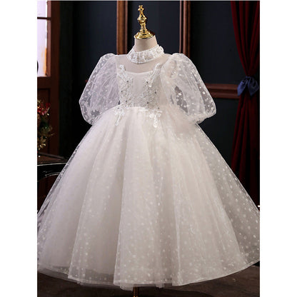 White Princess Flower Girl Dress - Tulle, Sequin & Puff Sleeves