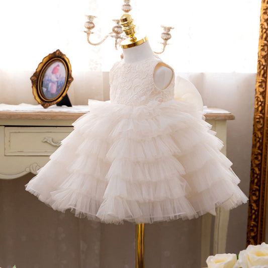 White Princess Flower Girl Dress with Lace and Bow Back