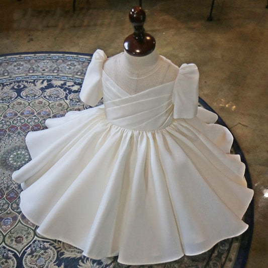 White Princess Flower Girl Dress with Ruffles and Bow