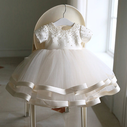 White Princess Flower Girl Dress with Tulle Ruffles & Bow