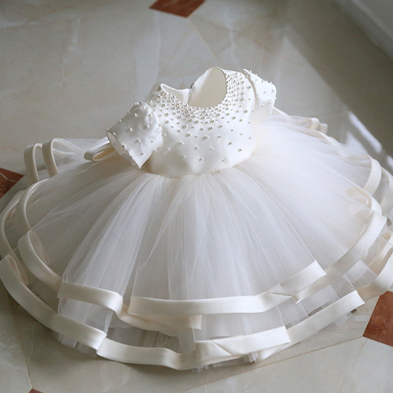 White Princess Flower Girl Dress with Tulle Ruffles & Bow