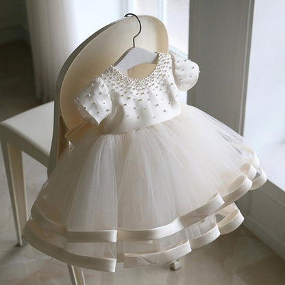 White Princess Flower Girl Dress with Tulle Ruffles & Bow