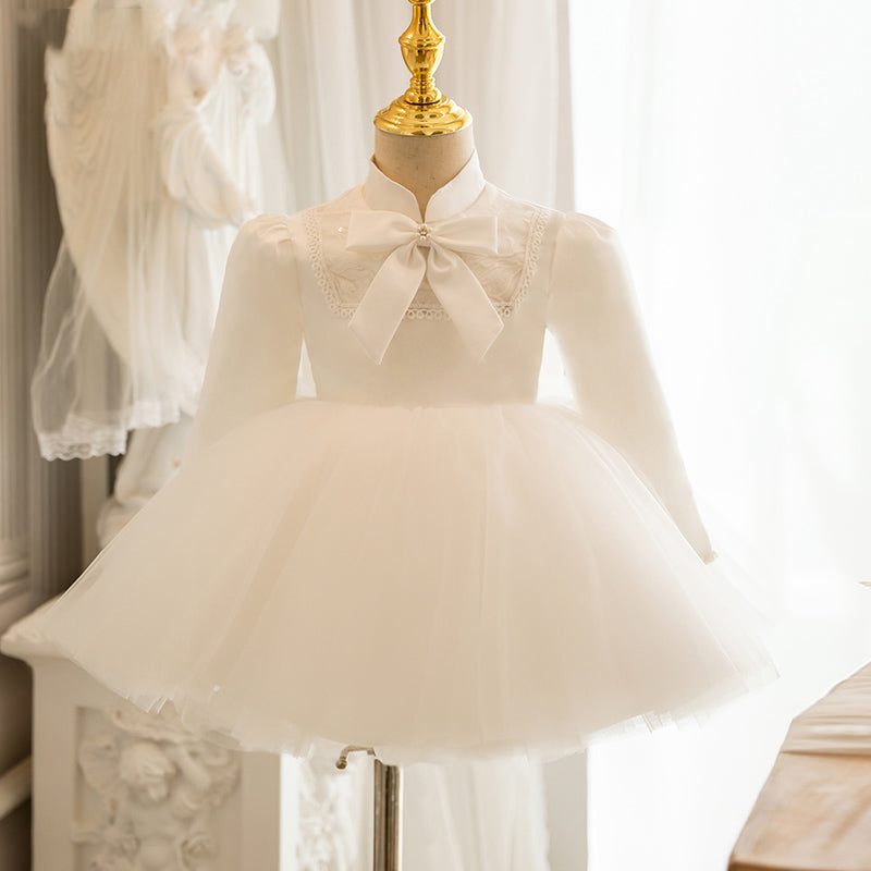 White Princess Flower Girl Dress: Mock Neck Long Sleeve