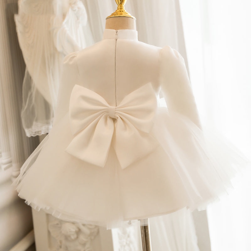 White Princess Flower Girl Dress: Mock Neck Long Sleeve