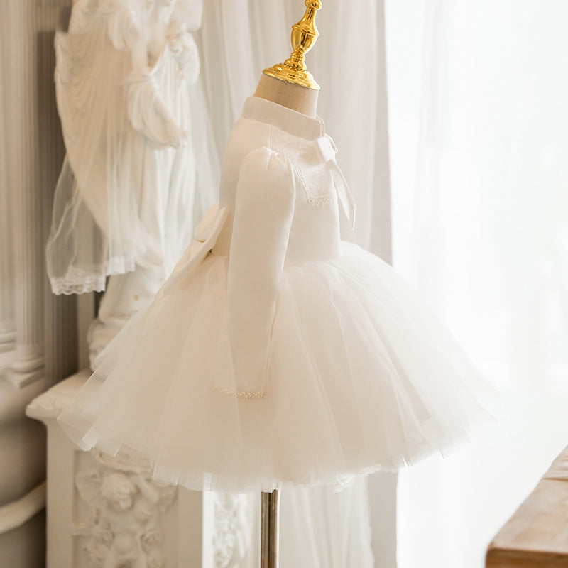 White Princess Flower Girl Dress: Mock Neck Long Sleeve