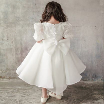 White Princess Lace and Organza Flower Girl Dress with Bows
