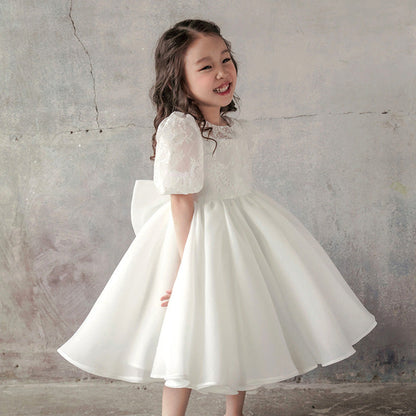 White Princess Lace and Organza Flower Girl Dress with Bows